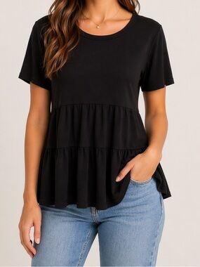 Pink Lily Black Tiered Short Sleeve Tunic Top